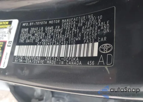2010 Toyota Corolla Le из США, поврежденный, VIN 2T1BU4EE3AC482110